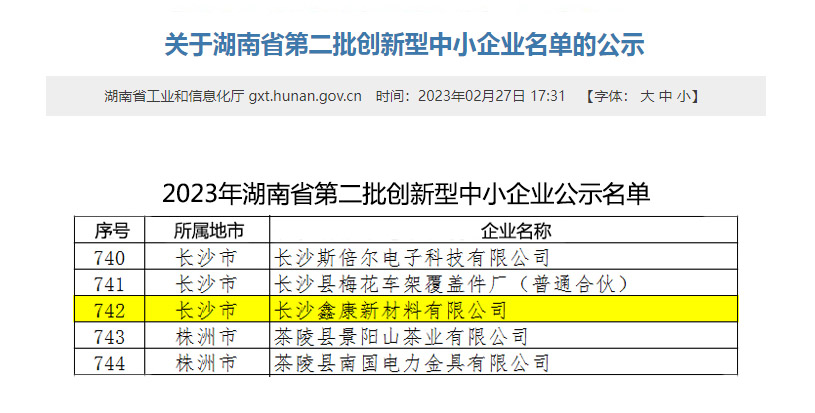 喜讯！长沙鑫康荣获湖南省“创新型中小企业”